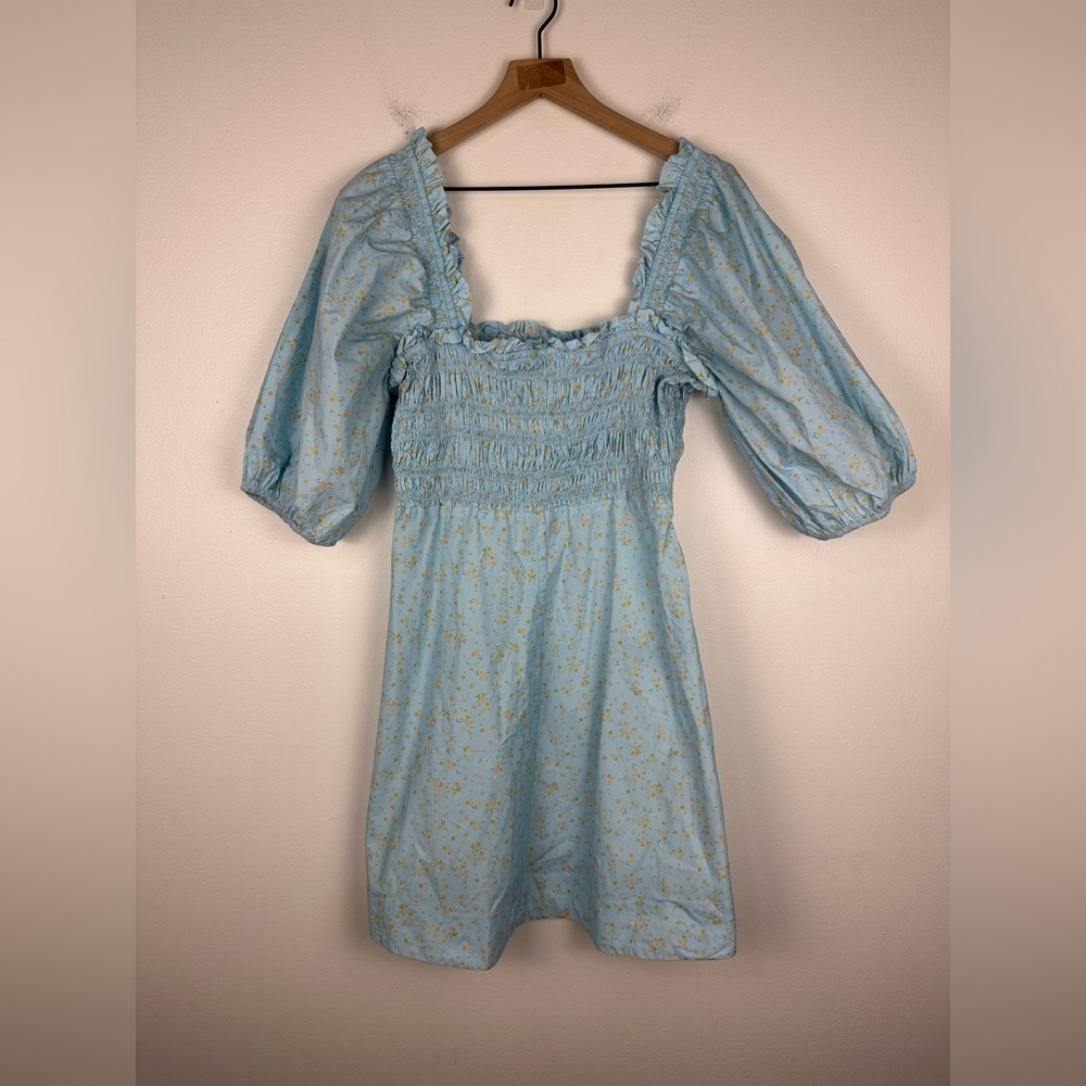 GANNI Shirred Floral Organic Cotton Poplin Whimsical Mini Dress Women’s Sz 44 - Picture 3 of 8